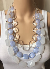Load image into Gallery viewer, Sky Blue Beaded &amp; White Clear Resin statement necklace, chunky bead jewelry, periwinkle geometric round cream white sky blue