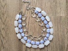 Load image into Gallery viewer, Sky Blue Beaded &amp; White Clear Resin statement necklace, chunky bead jewelry, periwinkle geometric round cream white sky blue