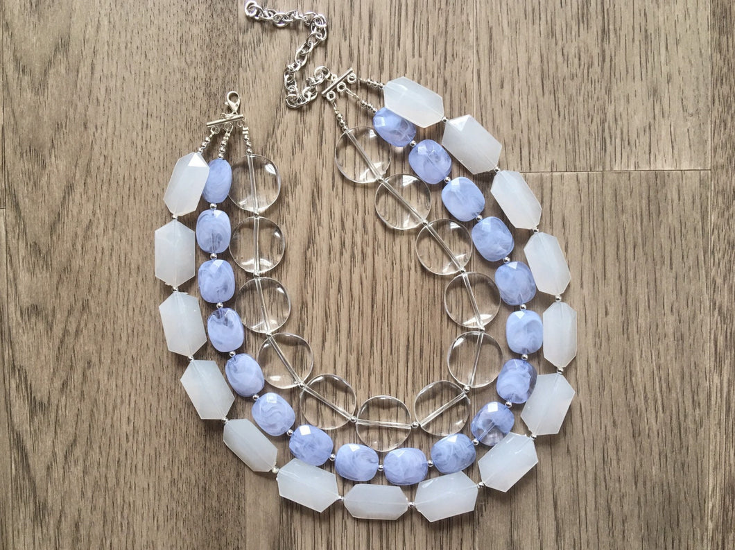 Sky Blue Beaded & White Clear Resin statement necklace, chunky bead jewelry, periwinkle geometric round cream white sky blue