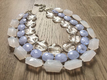Load image into Gallery viewer, Sky Blue Beaded &amp; White Clear Resin statement necklace, chunky bead jewelry, periwinkle geometric round cream white sky blue