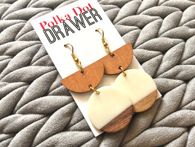 Wood Grain + Cream Resin statement earrings, Geometric bead Statement earrings fall colors jewelry, gold necklace chunky drop hook earrings