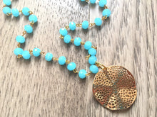 Load image into Gallery viewer, Gold Pendant Necklace on Light blue glass beaded chain, Long acrylic teardrop jewelry, baby blue necklace, gold jewelry colorful
