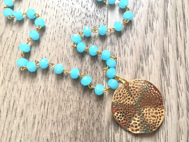 Gold Pendant Necklace on Light blue glass beaded chain, Long acrylic teardrop jewelry, baby blue necklace, gold jewelry colorful