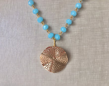 Load image into Gallery viewer, Gold Pendant Necklace on Light blue glass beaded chain, Long acrylic teardrop jewelry, baby blue necklace, gold jewelry colorful