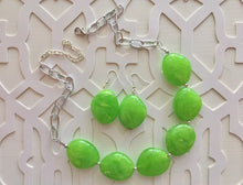 Load image into Gallery viewer, Lime Green Statement Necklace &amp; Earring set, lime jewelry, Your Choice of GOLD or SILVER, lime bib chunky necklace, lime green jewelry