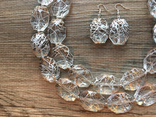 Load image into Gallery viewer, Silver Painted Statement Necklace, Chunky Jewelry Big Beaded Double Strand Necklace, Dark Blue Necklace, Silver Jewelry Set