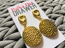 Load image into Gallery viewer, Hammered Gold round statement earrings, Geometric bead Statement acetate colorful jewelry gold necklace chunky drop hook earrings
