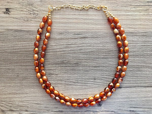 Brown & Caramel Shimmer statement double strand gold geometric acrylic necklace, chunky resin beaded jewelry