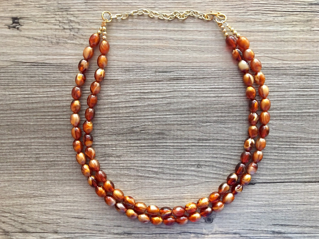 Brown & Caramel Shimmer statement double strand gold geometric acrylic necklace, chunky resin beaded jewelry