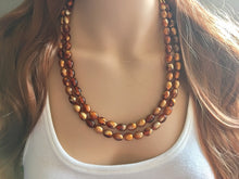 Load image into Gallery viewer, Brown &amp; Caramel Shimmer statement double strand gold geometric acrylic necklace, chunky resin beaded jewelry