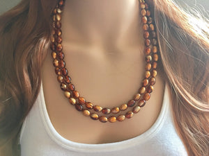Brown & Caramel Shimmer statement double strand gold geometric acrylic necklace, chunky resin beaded jewelry