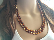 Load image into Gallery viewer, Brown &amp; Caramel Shimmer statement double strand gold geometric acrylic necklace, chunky resin beaded jewelry