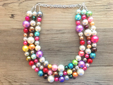 Rainbow 3 strand Beaded Necklace, Colorful Jewelry, Chunky statement necklace, big beaded pearl, rainbow jewelry, rainbow fall confetti