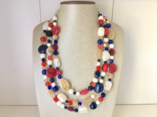 Load image into Gallery viewer, Red Cream Tan &amp; Blue 3 Strand beaded crystal Necklace, 4th of July Jewelry, Independence Day necklace, red white blue jewelry, chunky bib