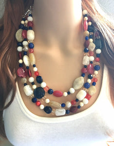 Red Cream Tan & Blue 3 Strand beaded crystal Necklace, 4th of July Jewelry, Independence Day necklace, red white blue jewelry, chunky bib