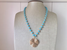 Load image into Gallery viewer, Gold Pendant Necklace on Light blue glass beaded chain, Long acrylic teardrop jewelry, baby blue necklace, gold jewelry colorful