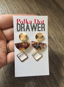 Gold Red + Yellow Acrylic statement earrings, Geometric bead Statement acetate fall colors jewelry gold necklace chunky drop hook earrings
