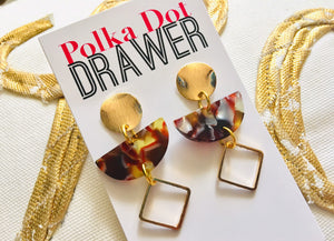 Gold Red + Yellow Acrylic statement earrings, Geometric bead Statement acetate fall colors jewelry gold necklace chunky drop hook earrings
