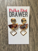 Load image into Gallery viewer, Gold Red + Yellow Acrylic statement earrings, Geometric bead Statement acetate fall colors jewelry gold necklace chunky drop hook earrings