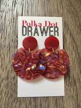 Load image into Gallery viewer, Red + Hologram Acrylic statement earrings, Geometric bead Statement acetate fall colors jewelry gold necklace chunky drop hook earrings