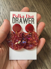 Load image into Gallery viewer, Red + Hologram Acrylic statement earrings, Geometric bead Statement acetate fall colors jewelry gold necklace chunky drop hook earrings
