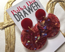 Load image into Gallery viewer, Red + Hologram Acrylic statement earrings, Geometric bead Statement acetate fall colors jewelry gold necklace chunky drop hook earrings