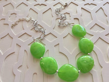 Load image into Gallery viewer, Lime Green Statement Necklace &amp; Earring set, lime jewelry, Your Choice of GOLD or SILVER, lime bib chunky necklace, lime green jewelry