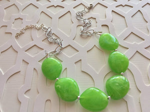 Lime Green Statement Necklace & Earring set, lime jewelry, Your Choice of GOLD or SILVER, lime bib chunky necklace, lime green jewelry