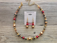 Load image into Gallery viewer, Fall Statement Necklace + Earrings, Maroon Mustard Gold Necklace, Single Strand Statement Necklace, fall colors necklace, vintage gold