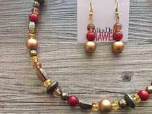 Load image into Gallery viewer, Fall Statement Necklace + Earrings, Maroon Mustard Gold Necklace, Single Strand Statement Necklace, fall colors necklace, vintage gold