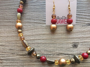 Fall Statement Necklace + Earrings, Maroon Mustard Gold Necklace, Single Strand Statement Necklace, fall colors necklace, vintage gold