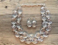 Load image into Gallery viewer, Silver Painted Statement Necklace, Chunky Jewelry Big Beaded Double Strand Necklace, Dark Blue Necklace, Silver Jewelry Set