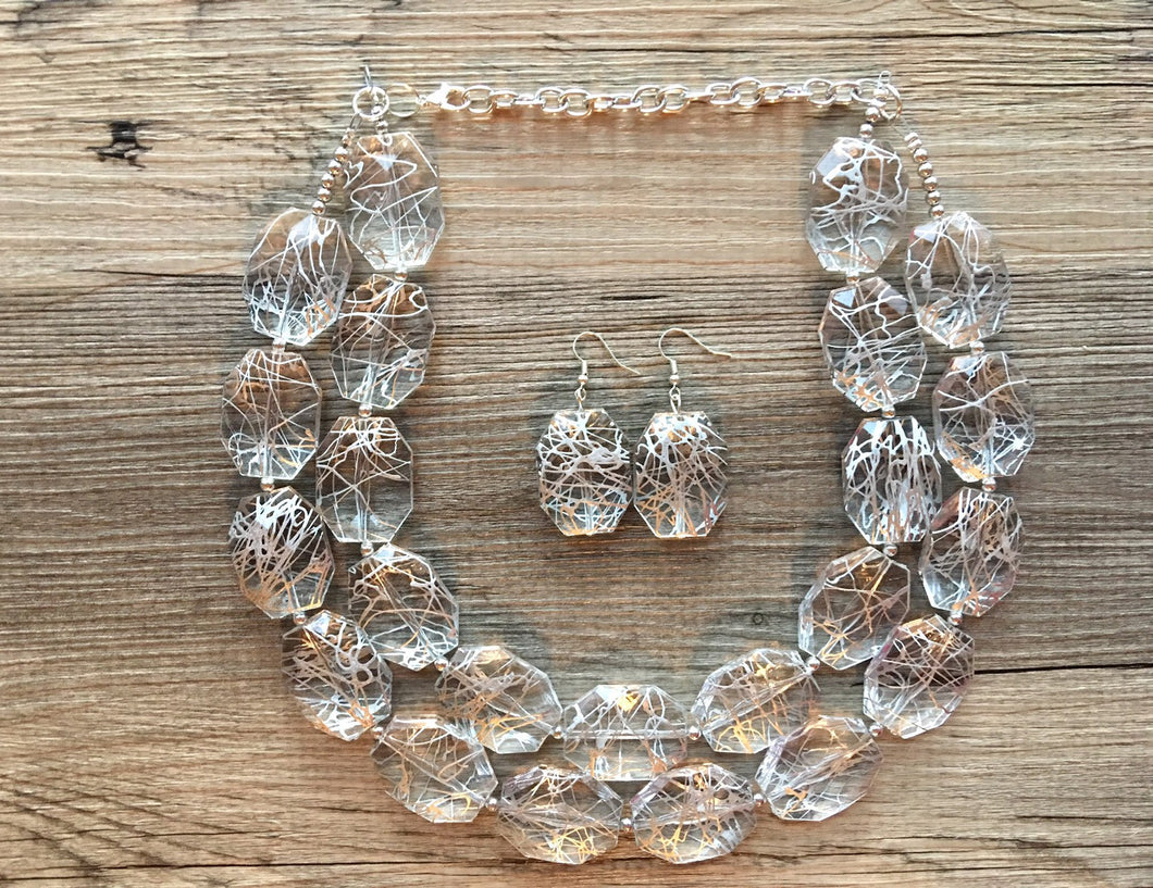 Silver Painted Statement Necklace, Chunky Jewelry Big Beaded Double Strand Necklace, Dark Blue Necklace, Silver Jewelry Set