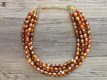 Load image into Gallery viewer, Brown &amp; Caramel Shimmer statement 5 strand gold geometric acrylic necklace, chunky resin beaded jewelry, five strand bead jewels