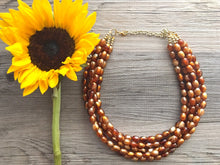 Load image into Gallery viewer, Brown &amp; Caramel Shimmer statement 5 strand gold geometric acrylic necklace, chunky resin beaded jewelry, five strand bead jewels