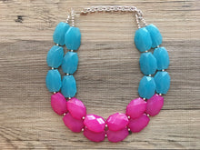 Load image into Gallery viewer, Pink and Blue Double Layer statement necklace with silver accents - bib gender reveal party jewelry - color block