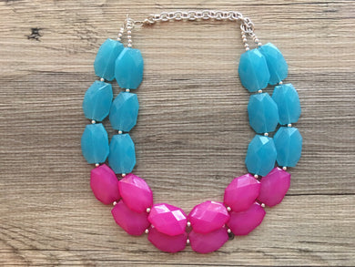 Pink and Blue Double Layer statement necklace with silver accents - bib gender reveal party jewelry - color block