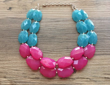 Load image into Gallery viewer, Pink and Blue Double Layer statement necklace with silver accents - bib gender reveal party jewelry - color block