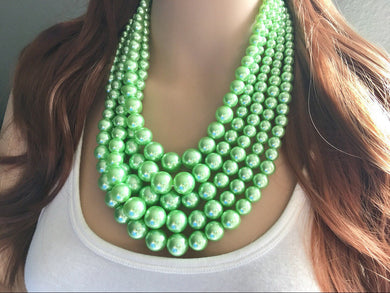 Five Strand Lime chunky statement necklace, big beaded jewelry, gifts for women, bib jewelry Multi-Strand necklace, light green earrings