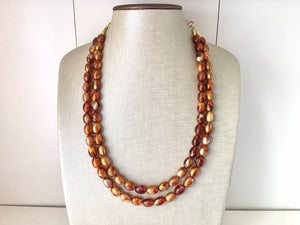 Brown & Caramel Shimmer statement double strand gold geometric acrylic necklace, chunky resin beaded jewelry