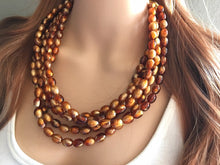 Load image into Gallery viewer, Brown &amp; Caramel Shimmer statement 5 strand gold geometric acrylic necklace, chunky resin beaded jewelry, five strand bead jewels
