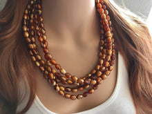 Load image into Gallery viewer, Brown &amp; Caramel Shimmer statement 5 strand gold geometric acrylic necklace, chunky resin beaded jewelry, five strand bead jewels