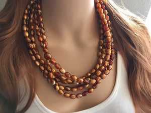 Brown & Caramel Shimmer statement 5 strand gold geometric acrylic necklace, chunky resin beaded jewelry, five strand bead jewels