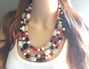 Red Cream Tan & Blue 3 Strand beaded crystal Necklace, 4th of July Jewelry, Independence Day necklace, red white blue jewelry, chunky bib
