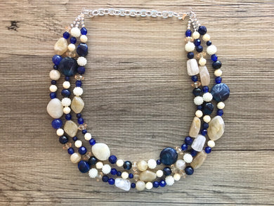 Cream Tan & Blue 3 Strand beaded crystal statement Necklace, cream white blue jewelry, chunky bib, navy blue lupis beaded jewelry