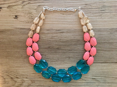 Teal Tan and Coral Chunky Statement Necklace, blue Beaded Jewelry, turquoise coral jewelry, bridesmaid wedding necklace, tan jewelry