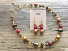 Load image into Gallery viewer, Fall Statement Necklace + Earrings, Maroon Mustard Gold Necklace, Single Strand Statement Necklace, fall colors necklace, vintage gold