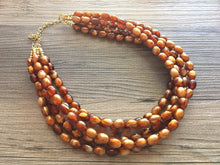 Load image into Gallery viewer, Brown &amp; Caramel Shimmer statement 5 strand gold geometric acrylic necklace, chunky resin beaded jewelry, five strand bead jewels