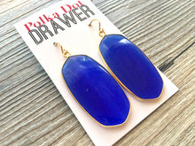 Load image into Gallery viewer, Royal Blue Pendant Statement Earrings, Gold drop earrings, metallic jewelry earrings, metal geometric drop earrings, blue jewelry