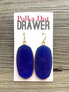 Royal Blue Pendant Statement Earrings, Gold drop earrings, metallic jewelry earrings, metal geometric drop earrings, blue jewelry